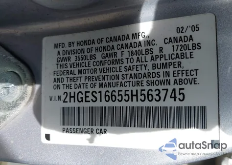 2005 Honda Civic Lx из США, поврежденный, VIN 2HGES16655H563745